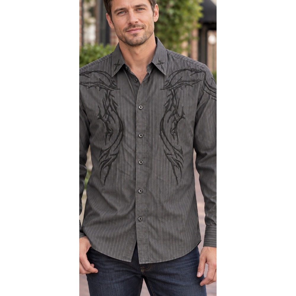 Roar Button Up Long Sleeve Embroidered Shirt Men's Size Medium Y2K tribal Goth